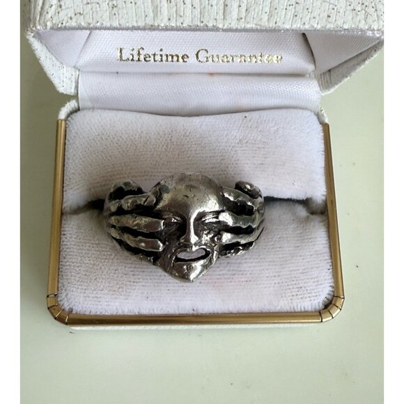 Vintage 90's Mens Sterling Silver Biker Ring Skull with hands Over Eyes Size 13 - Picture 3 of 16